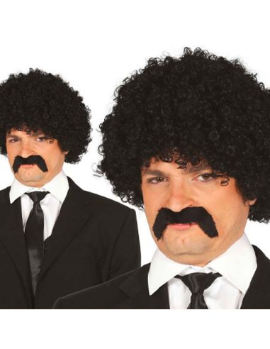 Peluca Rizos negra con bigote Tienda de disfraces online - Mercadisfraces